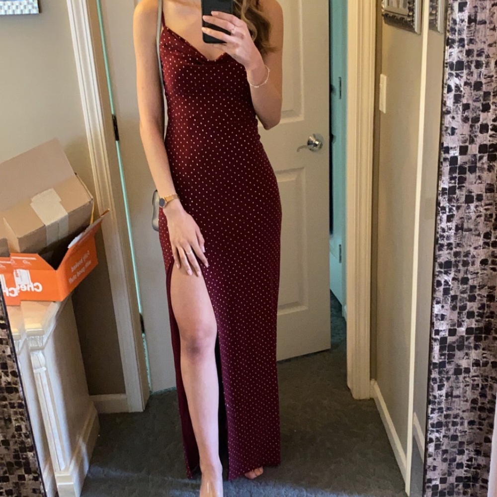 Rhinestone cowl neck full length dress
